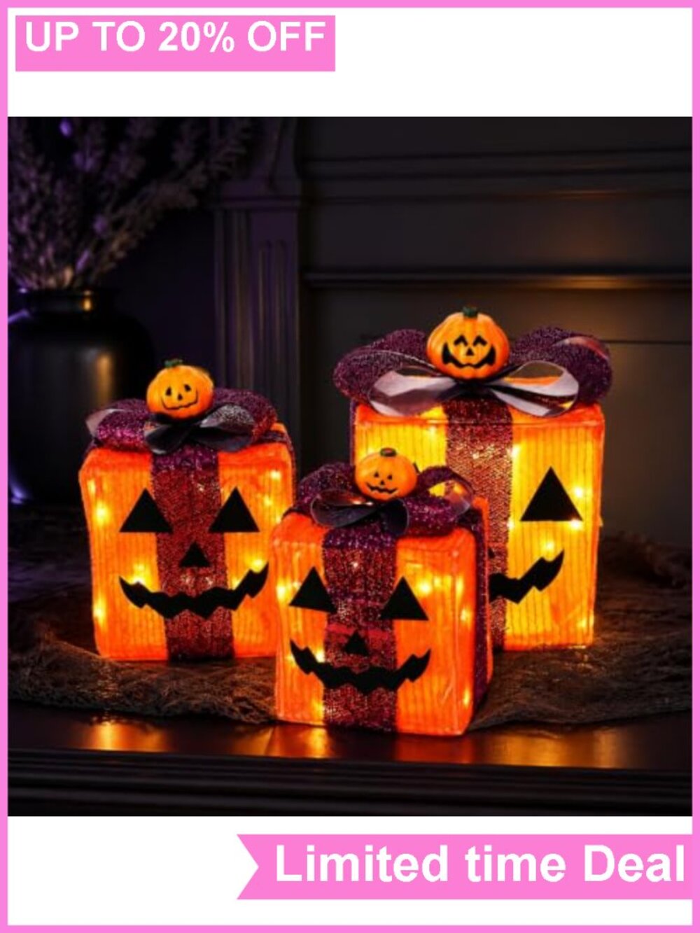 Halloween Pumpkin Lighted Gift Boxes 3 Pack 60 LED Timer Decor